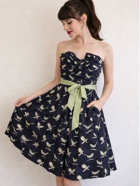 Anthropologie Navy Strapless Bird-Print Dress with Green Sash